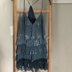 Bebe blue ruffle and sequined mini dress